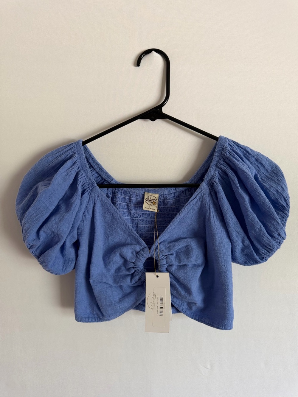 Blanco by nature Blue Puff-Sleeve Cropped Top Large 100% Cotton